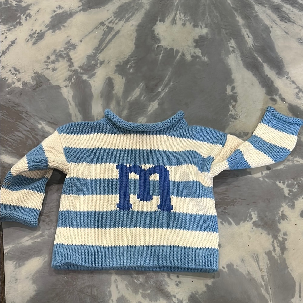 Blue and White Striped Sweater with M Initial- size xs